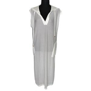 Blue Island Beach Laser Cut Herringbone White Maxi Cover Up Hoodie Large New